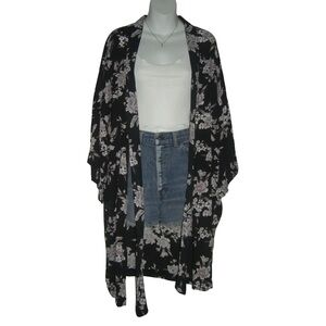 Spiritual Gangster Kimono Floral Maya Boho One Size Black Tie Front Blouse Robe